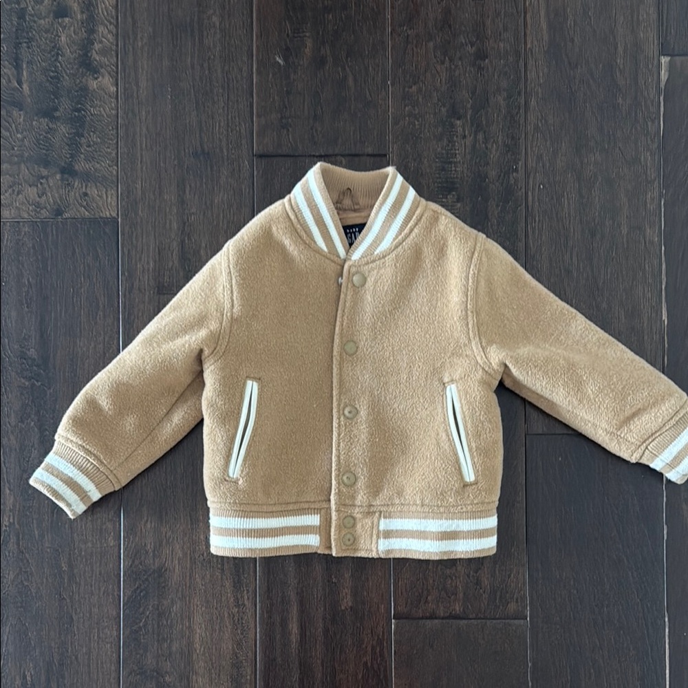 Baby Gap Toddler Boys Tan Varsity Bomber Jacket with Ribbed Knit Trim
